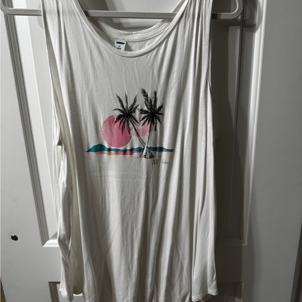 Old Navy White Tank with Black Palm Tree Graphic
